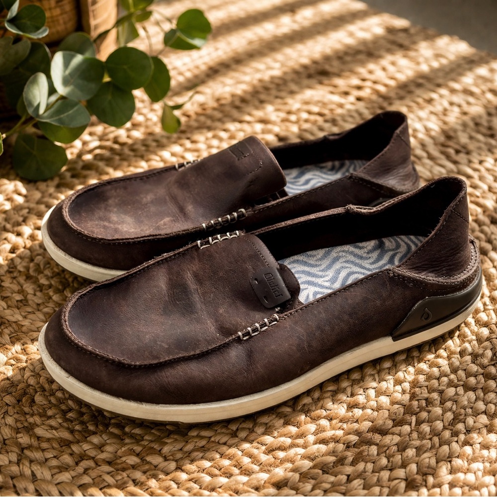OluKai Brown Leather Slip On Shoes Men’s 10 Casual Comfort Loafers